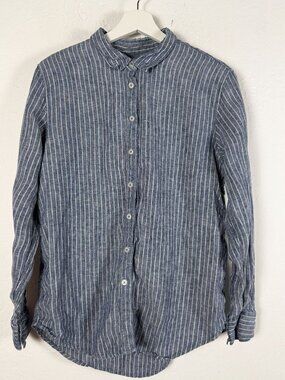 Quince 100% European Linen Shirt Blue White Stripe Button Down Long Sleeve Large